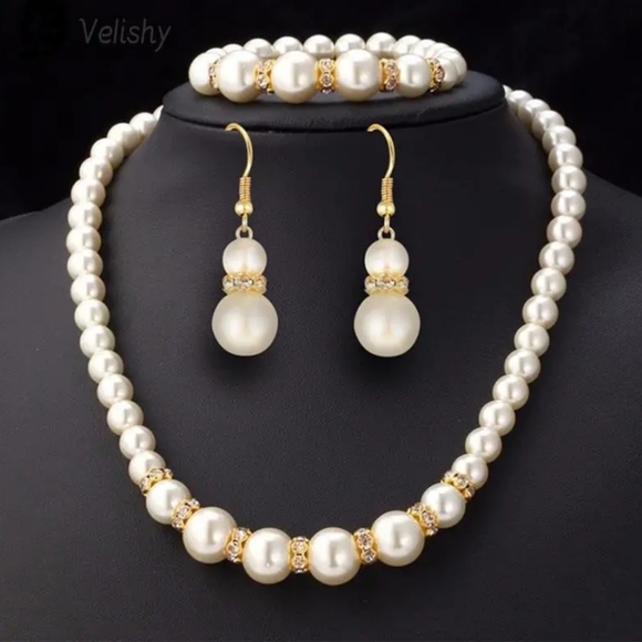 Gold-silver plated inlaid crystal jewlery set pearls earrings necklace & bracele - Picture 3 of 8